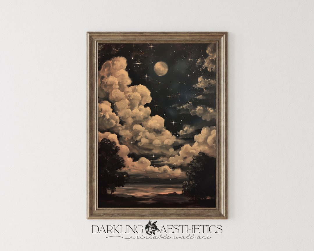 Cloudy Night Sky Print | Vintage Moody Celestial Dark Night Sky ...