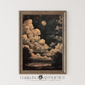 May include: A framed painting of a night sky with a full moon and stars. The clouds are a soft, golden color and the sky is a deep blue. The painting is set against a white wall.