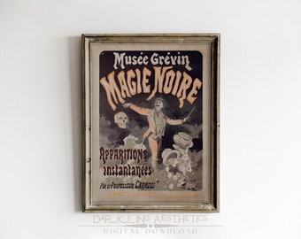 Cartel del espectáculo francés de magia negra / Arte de pared imprimible de Halloween oculto espeluznante vintage / Estética de la Academia oscura / Descarga digital