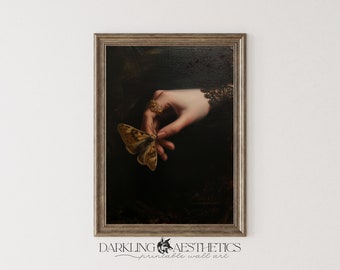 Vintage Motte und Handdruck | Darkcore Cottage schwermütige viktorianische Gothic druckbare Kunst | Dark Academia Ästhetik | Digitaler Download
