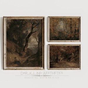 May include: Three framed landscape paintings with a dark, moody aesthetic. Each painting features a different scene of a forest with trees, foliage, and a path. The paintings are in a rustic style with a brown and gold color palette.