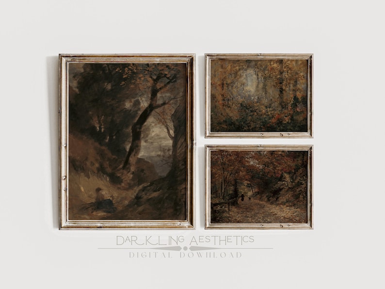 May include: Three framed landscape paintings with a dark, moody aesthetic. Each painting features a different scene of a forest with trees, foliage, and a path. The paintings are in a rustic style with a brown and gold color palette.