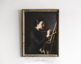 May include: A framed painting of a person in a dark room, painting on a canvas. The person is wearing a dark dress and has their back to the viewer. The painting is in a dark, muted color palette.