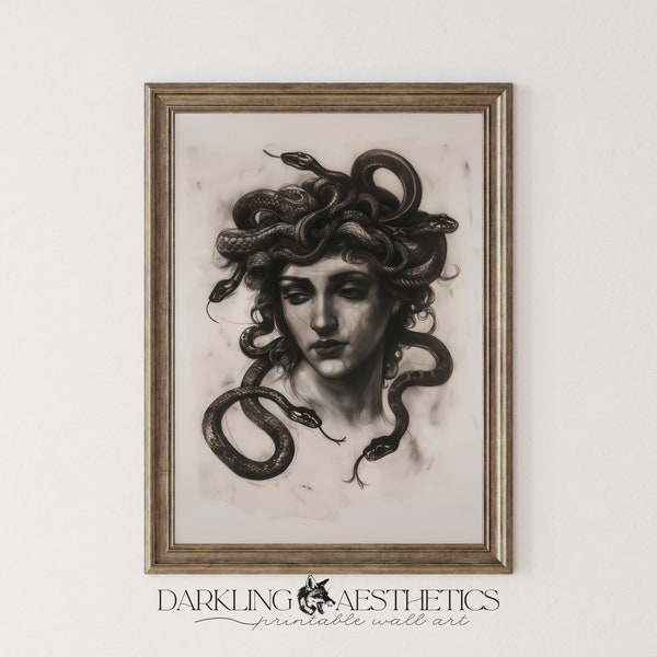 Medusa Portrait Print | Vintage Gorgon Greek Mythology Gothic Decor Printable Wall Art | Dark Academia Aesthetic | Digital Download