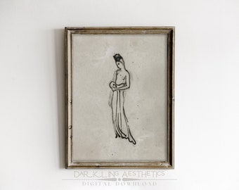 Mujer con corona oscura y boceto de calavera / Vintage Neutral Moody Minimalista imprimible arte de pared / Estética de la Academia Oscura / Descarga digital
