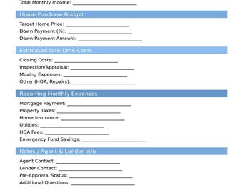First-Time Homebuyer Budget Planner | 1 Page Printable PDF | House Buying Checklist | Real Estate Organizer | Instant Download