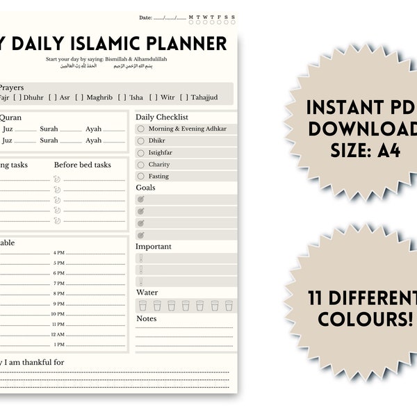 Muslim Islamic Undated Daily Planner, Productivity Muslim Planner, Instant Download, A4 Size,  PDF, Organize, To Do List, Student planner,