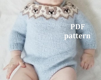 Baby Romper Knitting Pattern, PDF pattern, Lopapeysa pattern, Icelandic pattern, Baby Romper, Knitted Romper, bear pattern