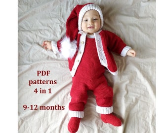 SET of knitting patterns baby santa 9-12 months, 4 in 1, baby romper, cap, booties, cardigan knitting patterns, step by step