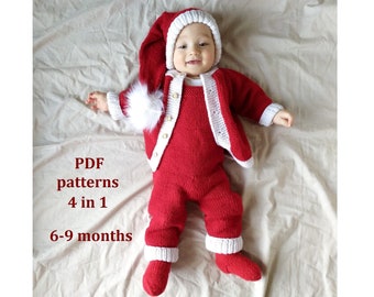 SET of knitting patterns baby santa 6-9 months, 4 in 1, baby romper, cap, booties, cardigan knitting patterns, step by step