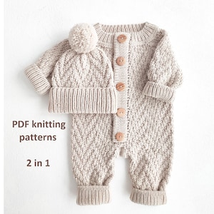 Knitting patterns set 2 in 1, knitting pattern baby romper, baby hat, knitting for newborn, herringbone jumpsuit pattern