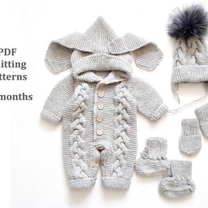 SET of knitting patterns for baby 0-3 months, 4 in 1, baby bunny romper, cap, booties, mittens knitting patterns, Pattern in ENGLISH