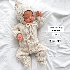 May include: A beige knitted baby romper with a matching hat. The outfit has a button-up front and a tie closure at the neck. The text "PDF knitting patterns 3 in 1 0-3 months" is visible.