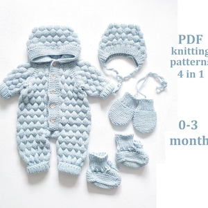 SET of knitting patterns for baby 0-3 months, 4 in 1, baby romper, cap, booties, mittens knitting patterns, step by step, jumpsuit pattern