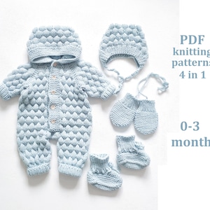 SET of knitting patterns for baby 0-3 months, 4 in 1, Pattern in ENGLISH, baby romper, cap, booties, mittens knitting patterns