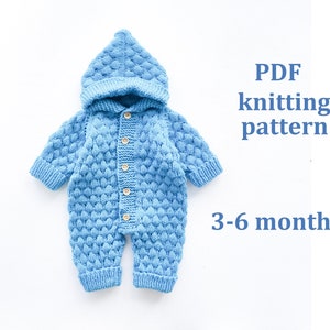 May include: A blue knitted baby romper with a hood and button fastening. The pattern is a textured stitch. PDF knitting pattern for 3-6 months.
