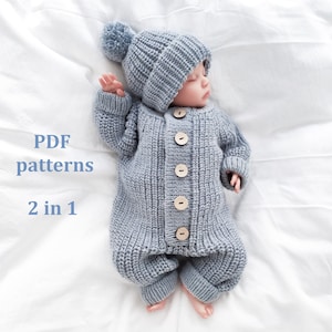 Knitting patterns set 2 in 1, knitting pattern baby romper, baby hat, patterns in English, knitting for newborn, ribbed jumpsuit pattern