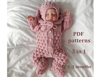 SET of knitting patterns for baby 1-3 months, 3 in 1, baby romper, baby bonnet, baby booties knitting patterns, Pattern in ENGLISH