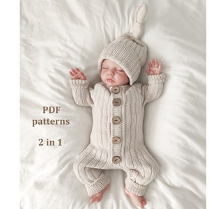 May include: A knitted baby romper with a button closure and a matching knitted hat with a long ear flap. The romper and hat are beige in color. The text "PDF patterns 2 in 1" is visible in the image.