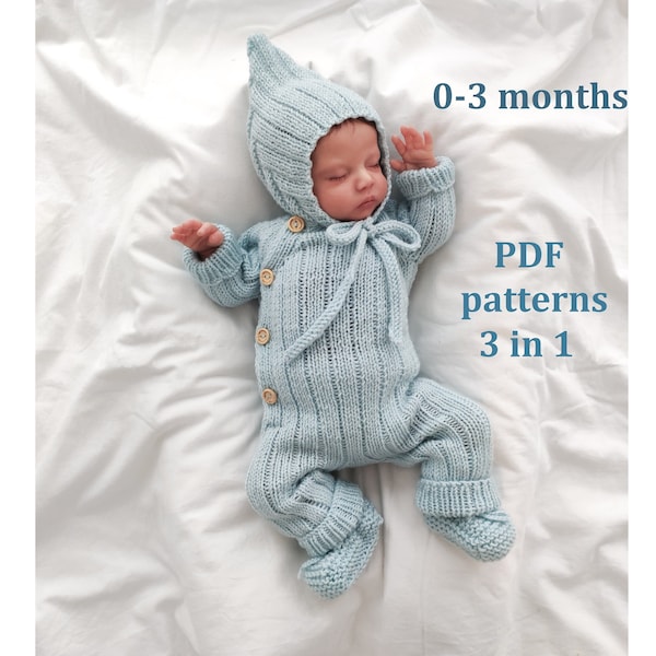 SET of knitting patterns for baby 0-3 months, 3 in 1, baby romper, cap, booties, knitting patterns, step by step, jumpsuit pattern