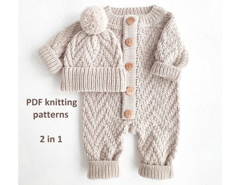 Knitting patterns set 2 in 1, knitting pattern baby romper, baby hat, knitting for newborn, herringbone jumpsuit pattern