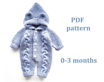 Knitting pattern baby bear romper, 0-3 months, knitting pattern for baby, baby bear jumpsuit, Pattern in ENGLISH