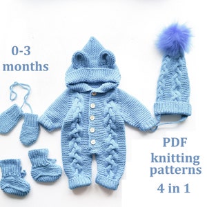 May include: Knitting pattern PDF for a baby outfit in blue. The set includes a hooded jumpsuit, hat, and booties. The pattern is for sizes 0-3 months. The text "PDF knitting patterns 4 in 1" is visible in the image.