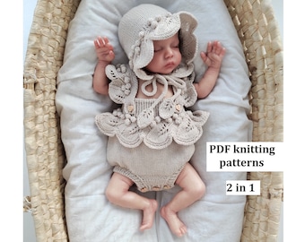 Knitting patterns for baby, set of patterns, 2 in 1, knit pattern baby romper,  baby bonnet, PDF knitting pattern, baby set