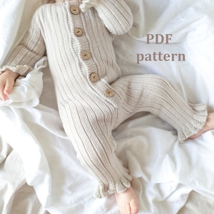 Knitting pattern baby romper, ruffle romper, pattern jumpsuit, knitted romper, PDF pattern, knit pattern for baby, ribbed romper