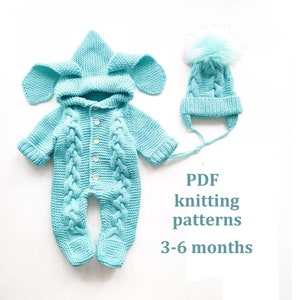 SET of knitting patterns for baby 3-6 months, 2 in 1, baby bunny romper, cap, jumpsuit, bunny onesie patterns, PDF patterns in English