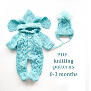 SET of knitting patterns for baby 0-3 months, 2 in 1, baby bunny romper, cap, jumpsuit, bunny onesie patterns, Pattern in ENGLISH