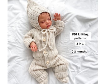 SET of knitting patterns for baby 0-3 months, 3 in 1, baby romper, cap, booties, knitting patterns, step by step, Pattern in ENGLISH