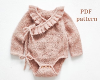 Padrão de tricô para macacão de bebê, Padrão de tricô para body de bebê, Padrão em INGLÊS, Padrão de tricô para bebê, Macacão com babados