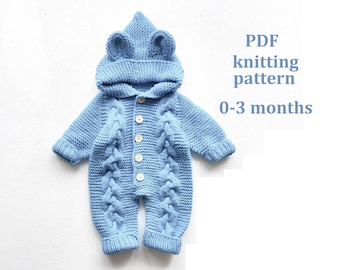 Knitting pattern baby bear romper, 0-3 months, knitting pattern for baby, baby bear jumpsuit,Pattern in ENGLISH
