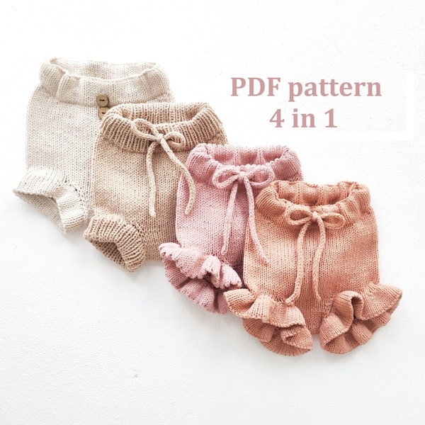 Knitting pattern baby bloomers, knitting patterns set, 4 in 1, step by step knitting pattern, baby shorts pattern