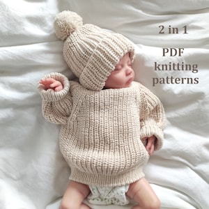 2 in 1, knitting patterns set, knit pattern baby jumper, knit pattern baby hat, knit baby sweater, todler, newborn knit pattern