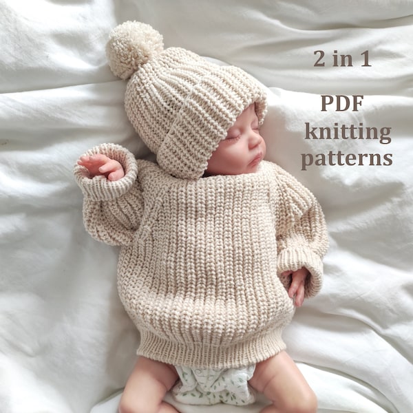 2 in 1, Strickmuster Set, Strickmuster Baby Pullover, Strickmuster Baby Mütze, Strick Baby Pullover, Kleinkind, Neugeborenen Strickmuster