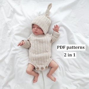 PDF knitting patterns for baby 2 in 1, knit pattern baby romper, knit pattern baby hat, bodysuit, pixiehat, ribbed set