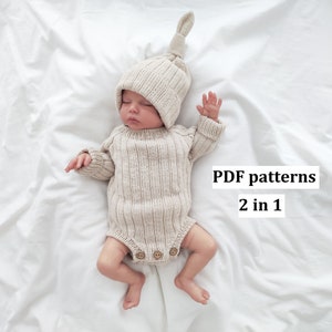 Op de afbeelding: Een gebreide baby romper en muts set in beige kleur. De romper heeft een knoopsluiting en de muts heeft een puntige top. De set ligt op een wit oppervlak. PDF patronen 2 in 1.