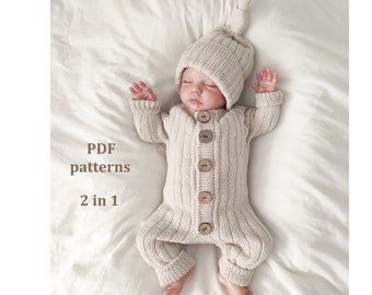 2 in 1, knitting patterns set, knit pattern baby romper, knit pattern baby hat, knitting for newborn, baby, todler, ribbed jumpsuit