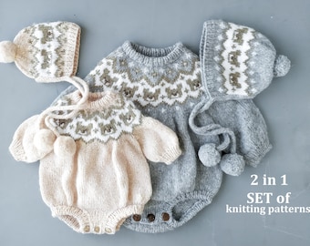 SET 2-in-1 breipatronen voor baby, gebreide babyromper, Lopapeysa-patroon, IJslands patroon, breipatronen in het Engels