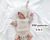 PDF knitting patterns for baby 2 in 1, knit pattern baby romper, Pattern in ENGLISH,  knit pattern baby hat, bodysuit, pixiehat, ribbed set