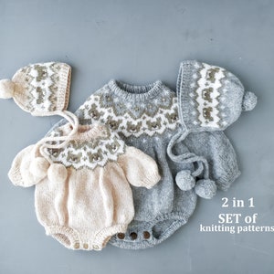 SET 2 in 1 knitting patterns for baby, knitted baby romper, knitted baby bonnet, Lopapeysa pattern, Icelandic pattern