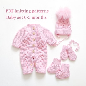 SET of knitting patterns for baby 0-3 months, 4 in 1, baby romper, cap, booties, mittens knitting patterns, step by step
