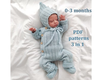 SET von Strickmustern für Baby 0-3 Monate, 3 in 1, Baby Strampler, Mütze, Booties, Strickmuster, Schritt für Schritt, Overall Muster