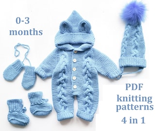 SET of knitting patterns for baby 0-3 months, 4 in 1, baby bear romper, cap, booties, mittens knitting patterns, Pattern in ENGLISH