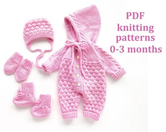 SET of knitting patterns for baby 0-3 months, 4 in 1, baby romper, cap, booties, mittens knitting patterns, step by step, Pattern in ENGLISH