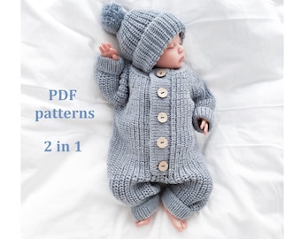Knitting patterns set 2 in 1, knitting pattern baby romper, baby hat, patterns in English, knitting for newborn, ribbed jumpsuit pattern