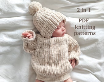 2 in 1, knitting patterns set, knit pattern baby jumper, knit pattern baby hat, knit baby sweater, todler, newborn knit pattern