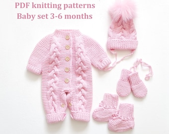 CONJUNTO de moldes de tricô para bebê de 3 a 6 meses, 4 em 1, macacão de bebê, gorro, botinhas, luvas, moldes de tricô, molde em INGLÊS